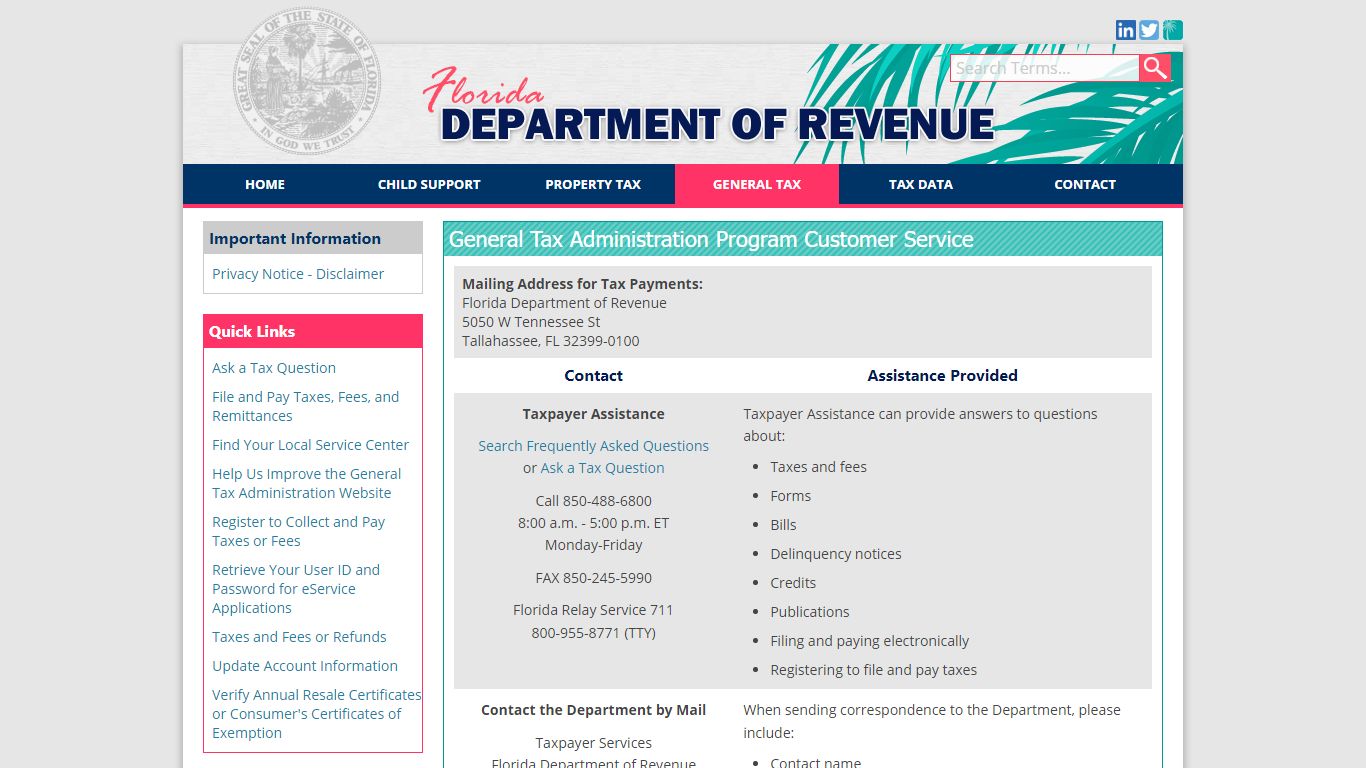 Florida Dept. of Revenue - General Tax Administration Contacts